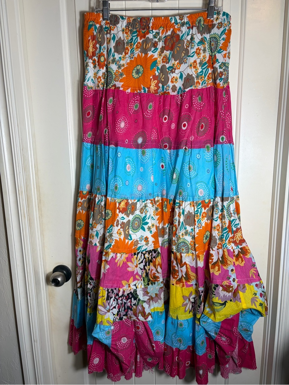 Lapis Multicolor Cotton Floral Patchwork Tiered Maxi Skirt